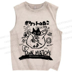 Unisex Vintage Cat In Plastic Bag Graffiti Printed Washed Tank Top