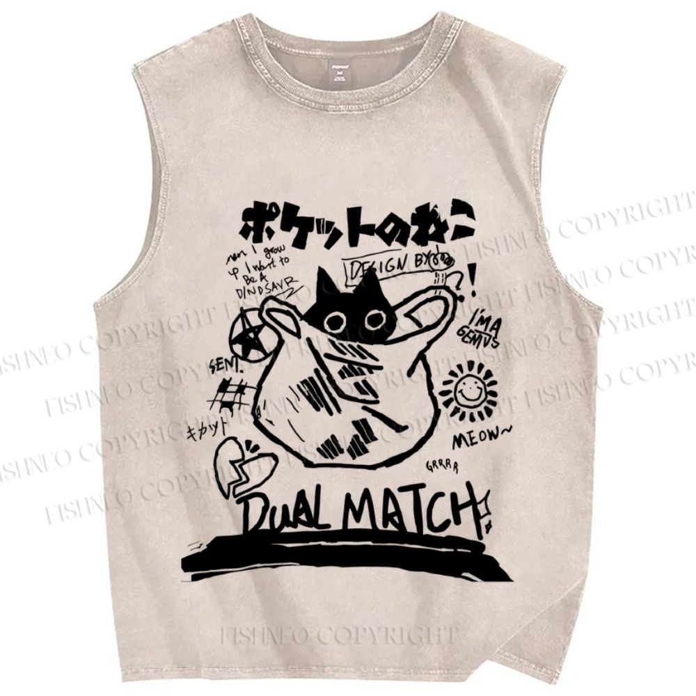 Unisex Vintage Cat In Plastic Bag Graffiti Printed Washed Tank Top