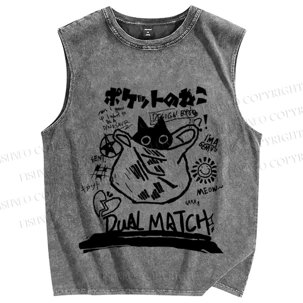 Unisex Vintage Cat In Plastic Bag Graffiti Printed Washed Tank Top