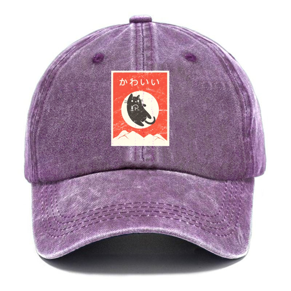 Cute Black Cat Japanese Washed Cap