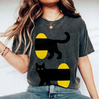 Unisex Cartoon Black Cat Printed Washed Tee