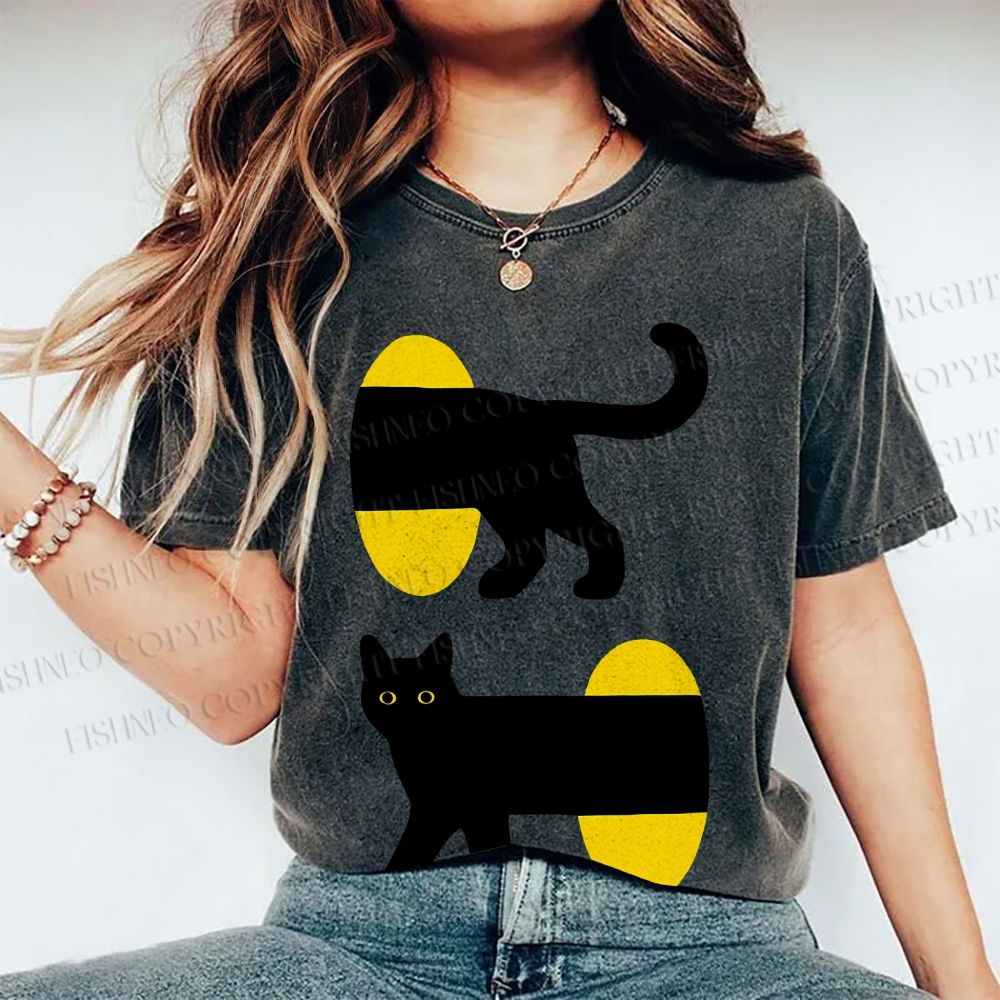 Unisex Cartoon Black Cat Printed Washed Tee