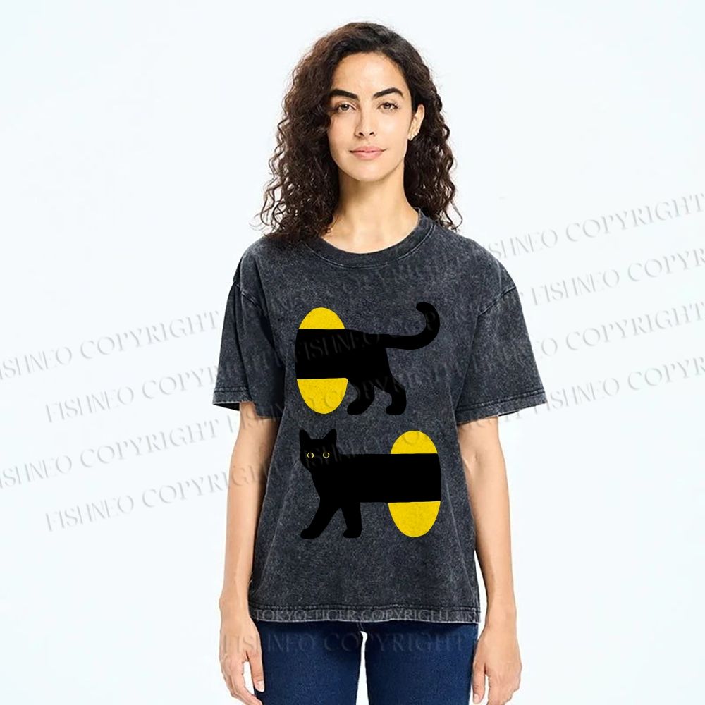 Unisex Cartoon Black Cat Printed Washed Tee