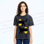 Unisex Cartoon Black Cat Printed Washed Tee