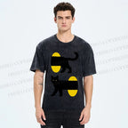 Unisex Cartoon Black Cat Printed Washed Tee