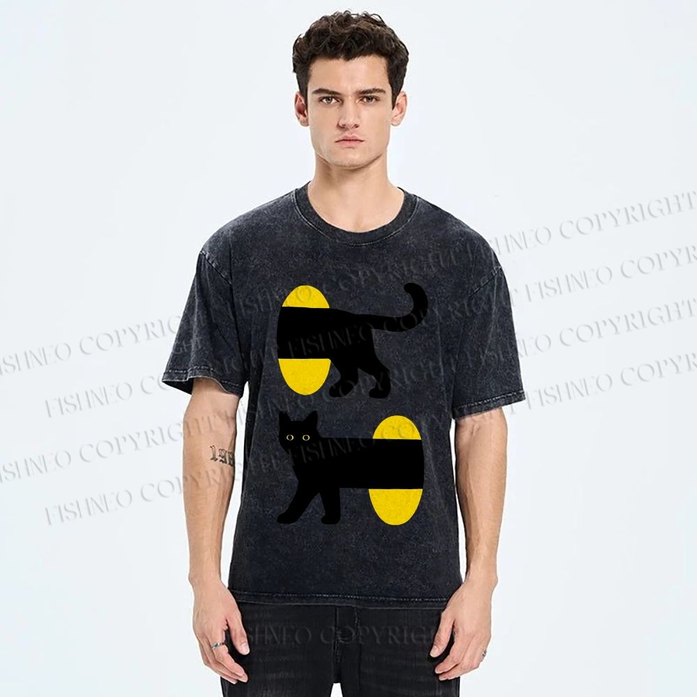 Unisex Cartoon Black Cat Printed Washed Tee