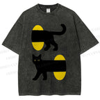 Unisex Cartoon Black Cat Printed Washed Tee