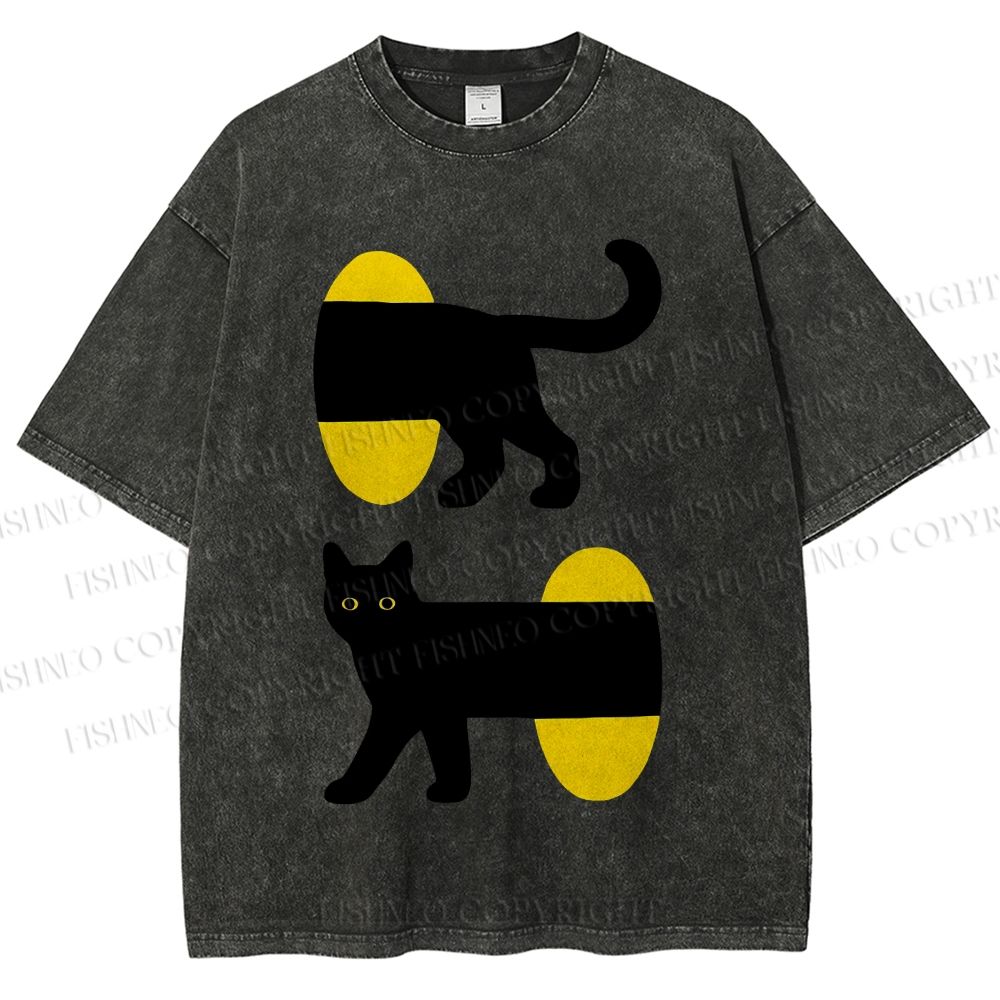 Unisex Cartoon Black Cat Printed Washed Tee