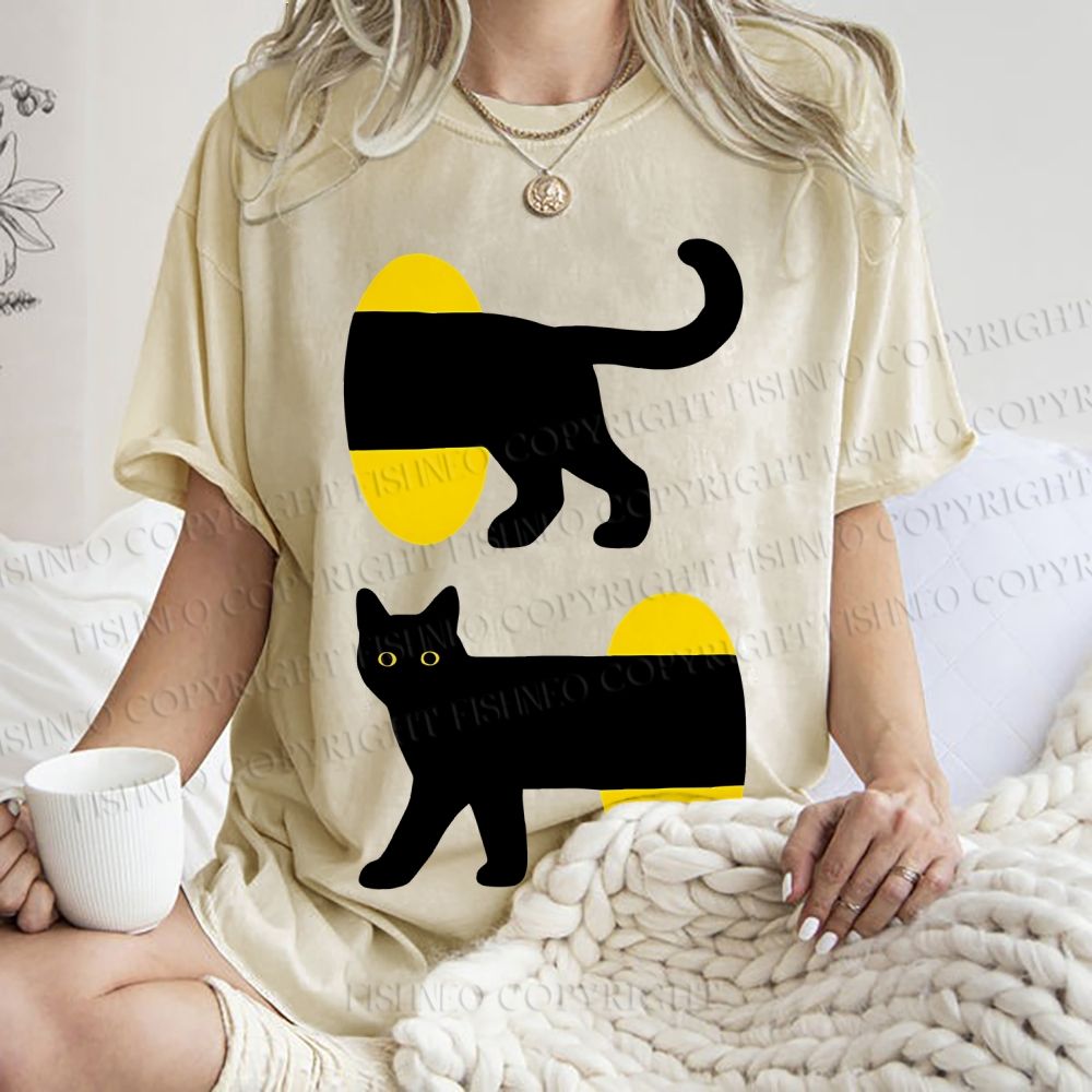 Unisex Cartoon Black Cat Printed Washed Tee