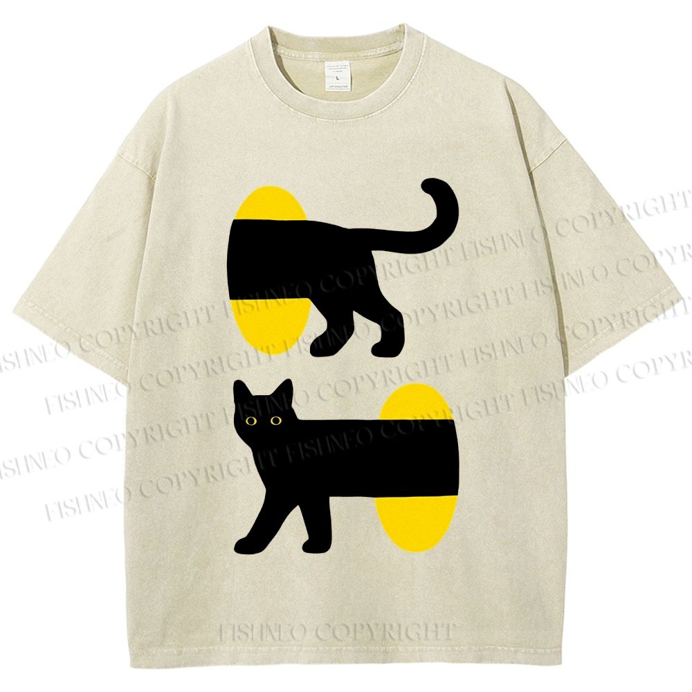 Unisex Cartoon Black Cat Printed Washed Tee