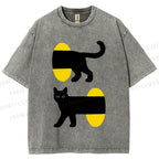 Unisex Cartoon Black Cat Printed Washed Tee
