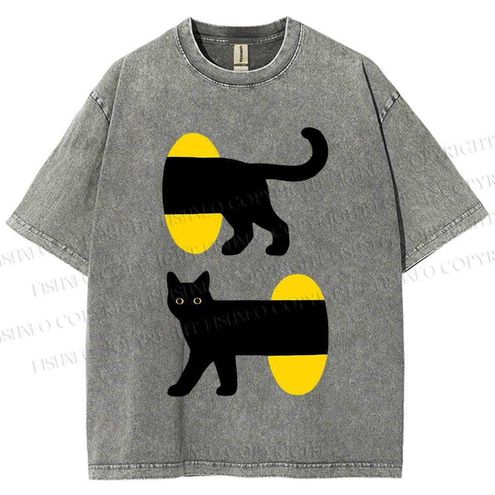 Unisex Cartoon Black Cat Printed Washed Tee
