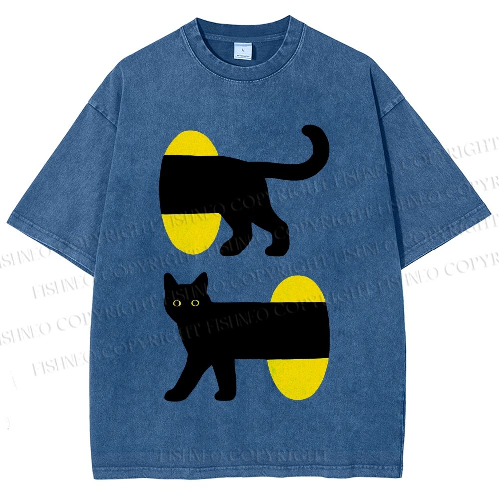 Unisex Cartoon Black Cat Printed Washed Tee