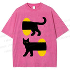 Unisex Cartoon Black Cat Printed Washed Tee