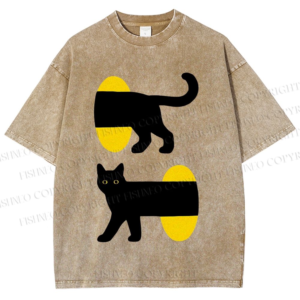 Unisex Cartoon Black Cat Printed Washed Tee