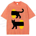 Unisex Cartoon Black Cat Printed Washed Tee