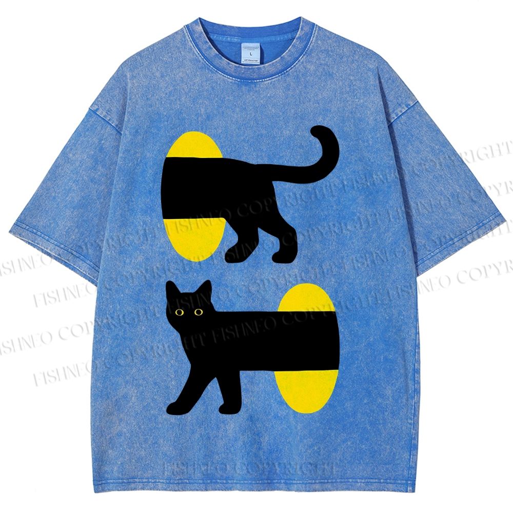 Unisex Cartoon Black Cat Printed Washed Tee