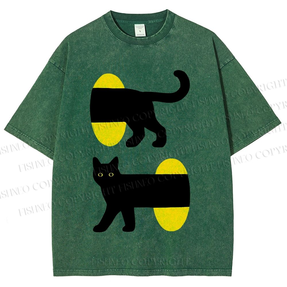 Unisex Cartoon Black Cat Printed Washed Tee