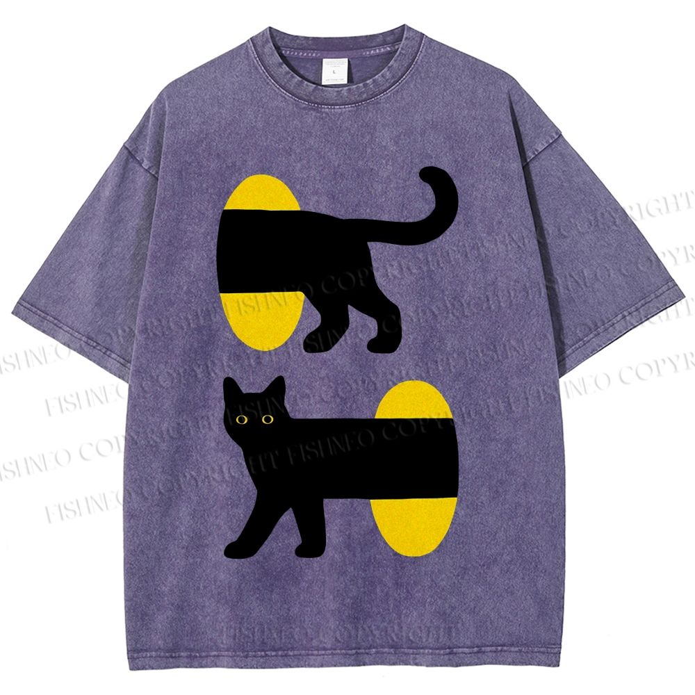 Unisex Cartoon Black Cat Printed Washed Tee