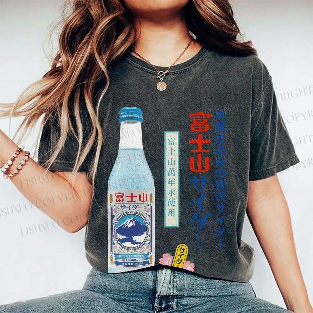 Unisex Japanese Mount Fuji Drink Printed Washed Tee