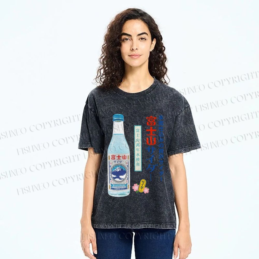 Unisex Japanese Mount Fuji Drink Printed Washed Tee