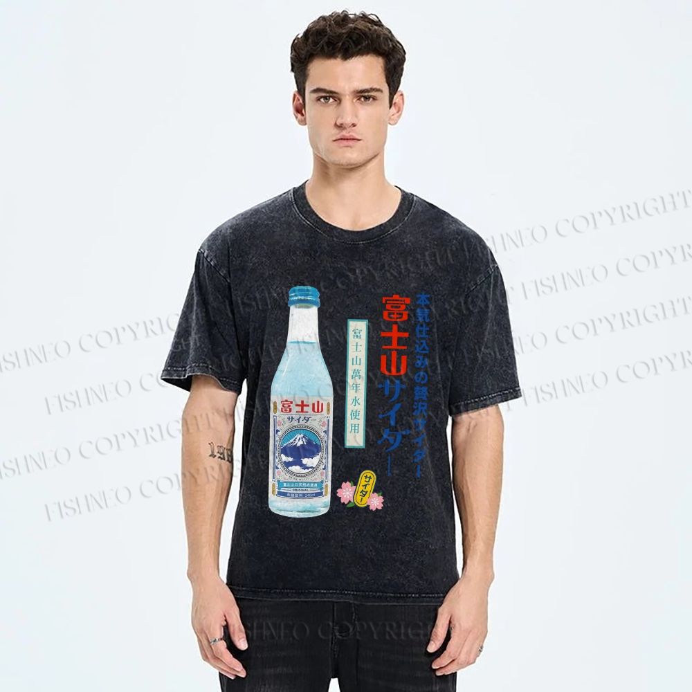 Unisex Japanese Mount Fuji Drink Printed Washed Tee