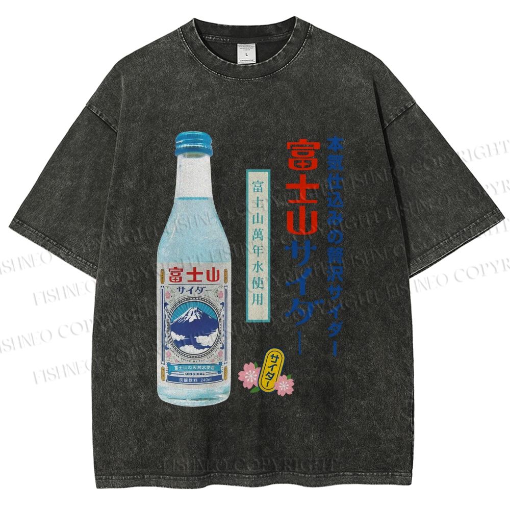 Unisex Japanese Mount Fuji Drink Printed Washed Tee