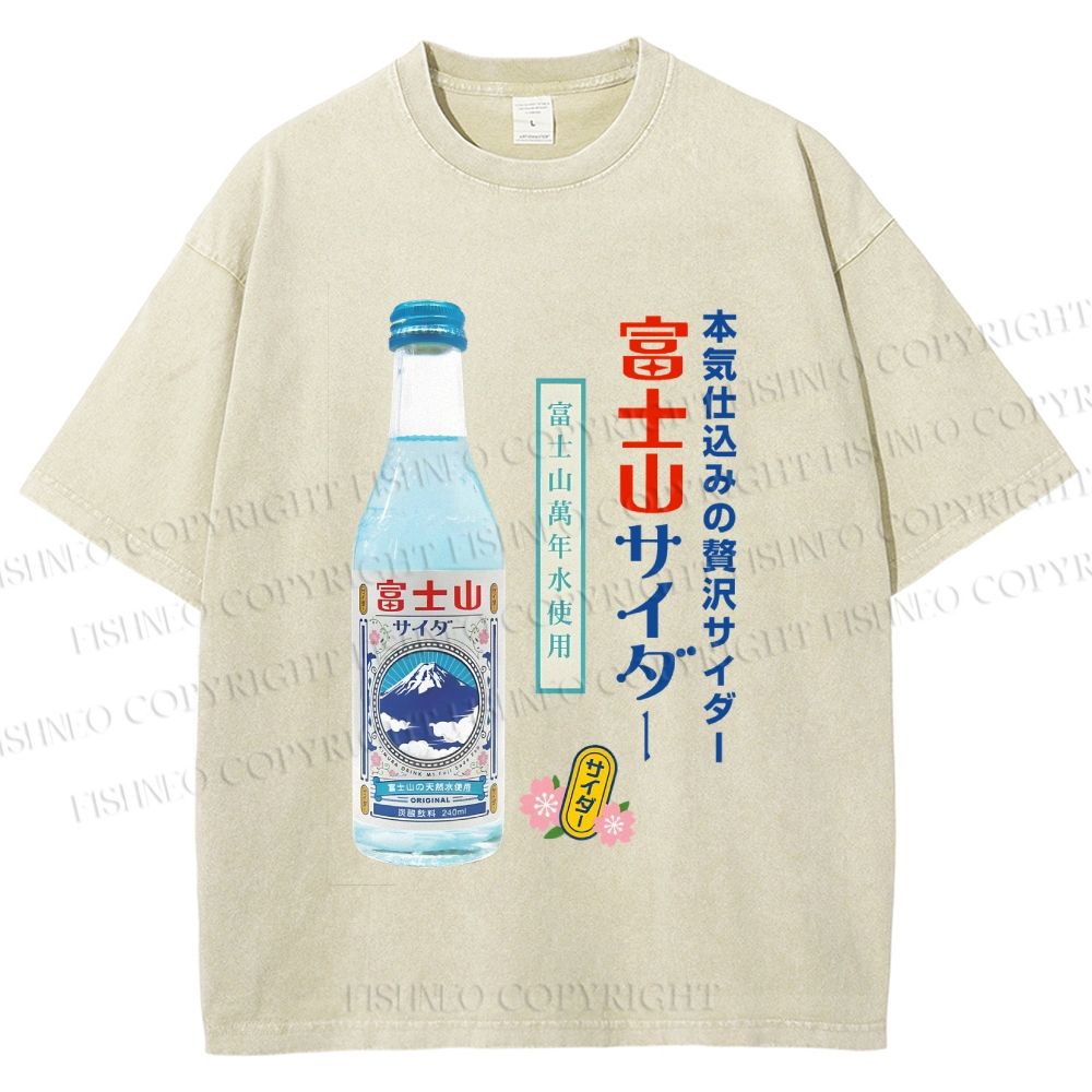 Unisex Japanese Mount Fuji Drink Printed Washed Tee