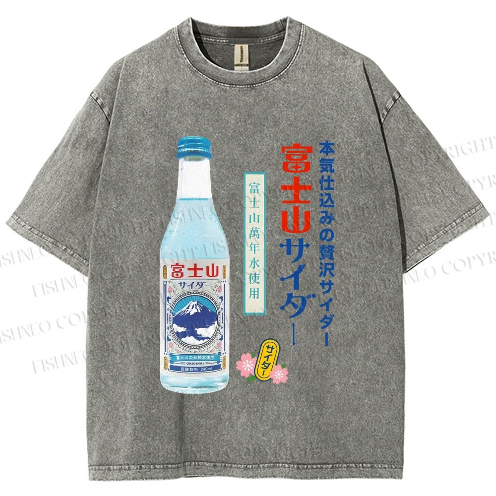 Unisex Japanese Mount Fuji Drink Printed Washed Tee