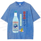 Unisex Japanese Mount Fuji Drink Printed Washed Tee