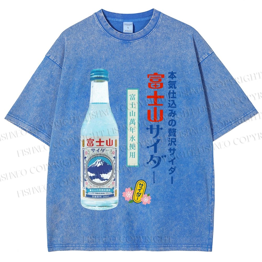 Unisex Japanese Mount Fuji Drink Printed Washed Tee