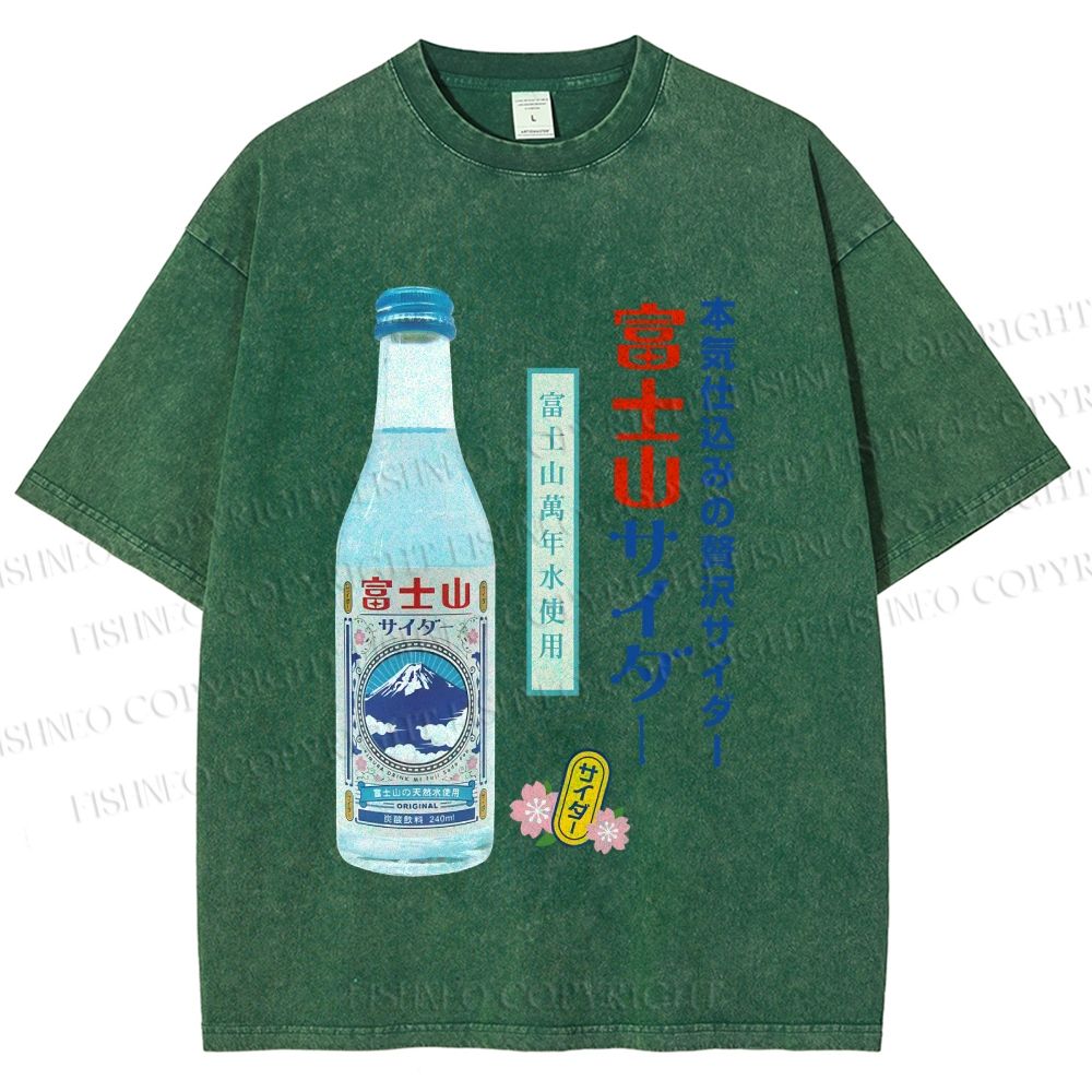 Unisex Japanese Mount Fuji Drink Printed Washed Tee