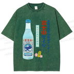 Unisex Japanese Mount Fuji Drink Printed Washed Tee
