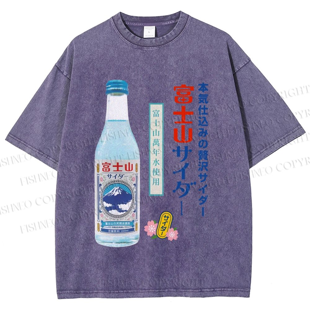 Unisex Japanese Mount Fuji Drink Printed Washed Tee