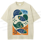 Unisex Vintage Fish Printed Washed Tee