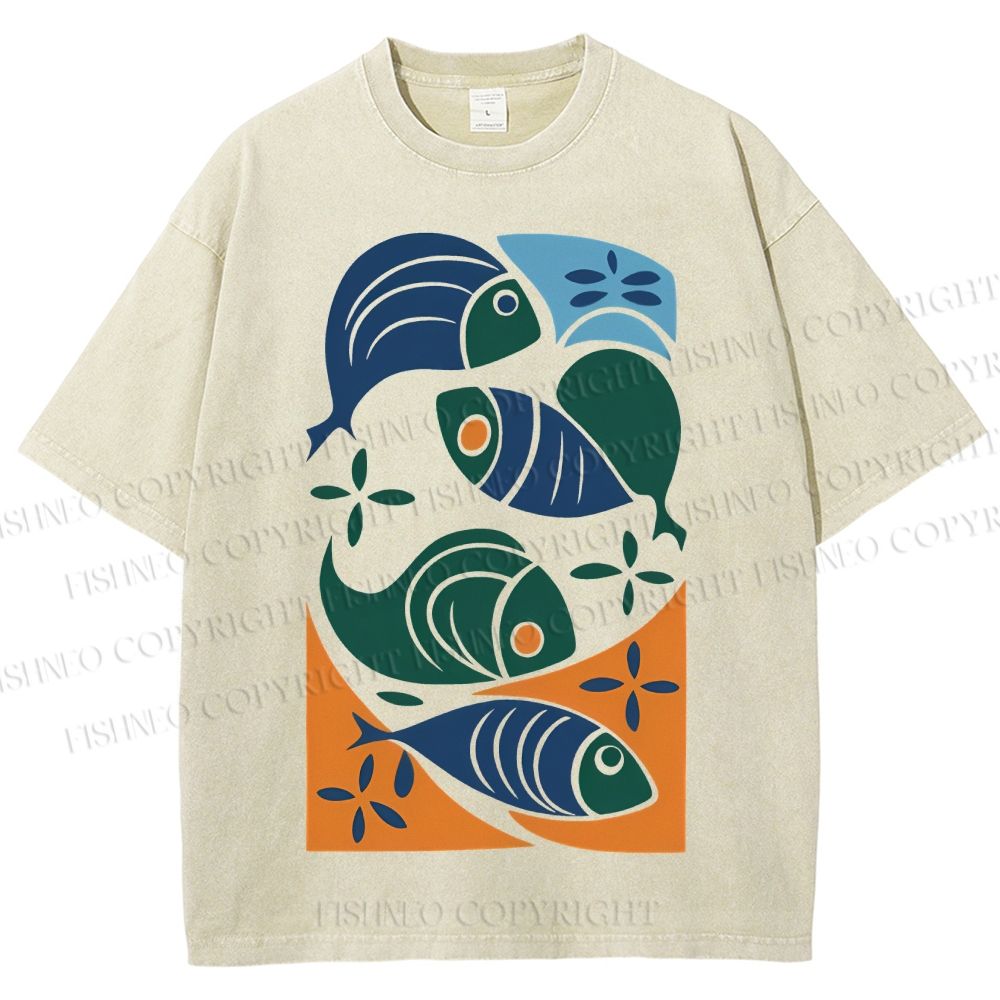 Unisex Vintage Fish Printed Washed Tee