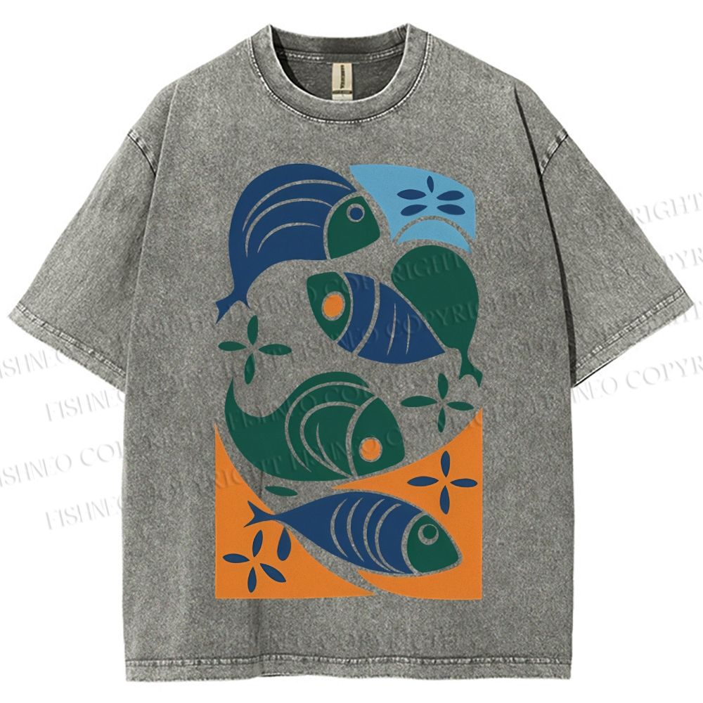 Unisex Vintage Fish Printed Washed Tee