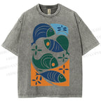 Unisex Vintage Fish Printed Washed Tee