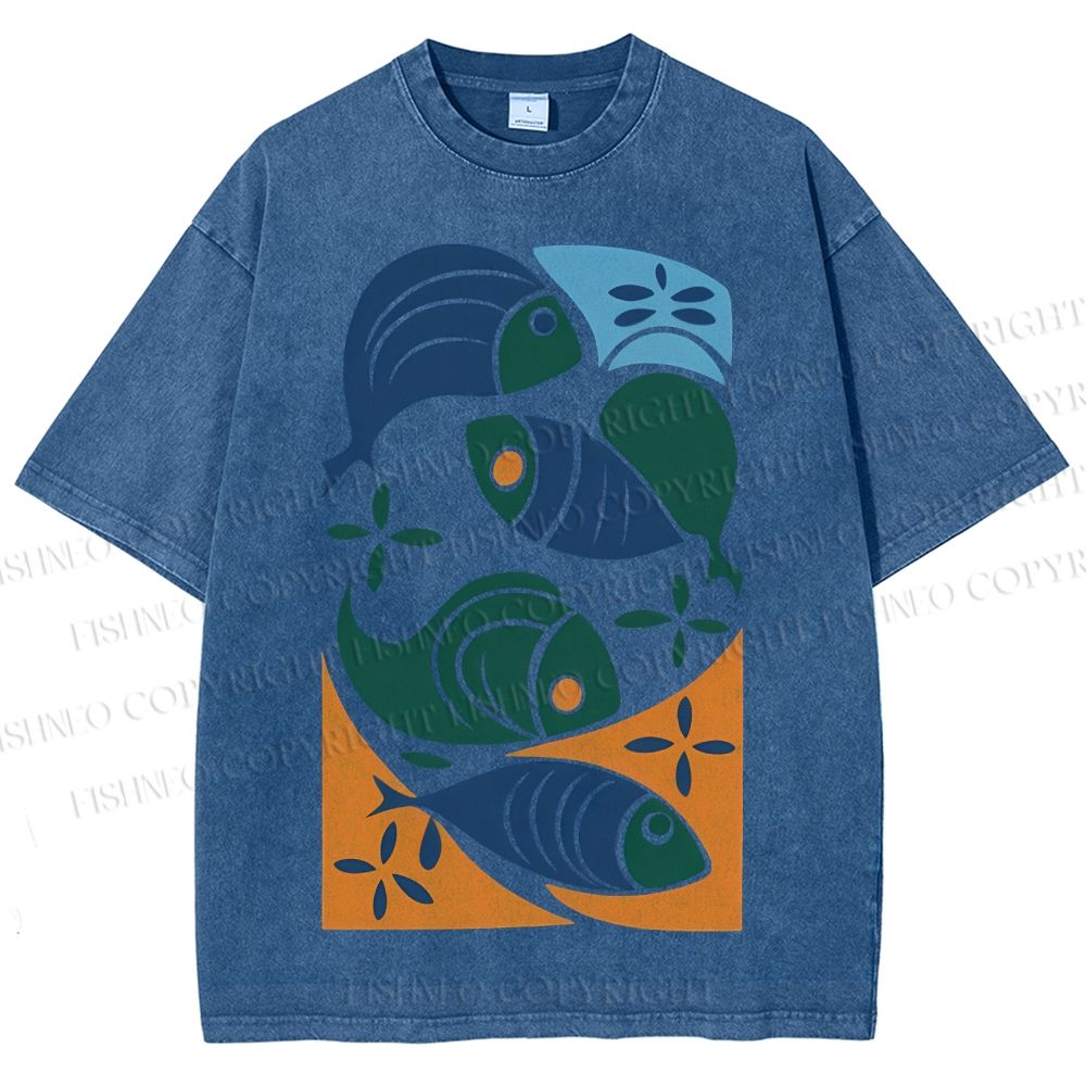 Unisex Vintage Fish Printed Washed Tee