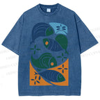 Unisex Vintage Fish Printed Washed Tee