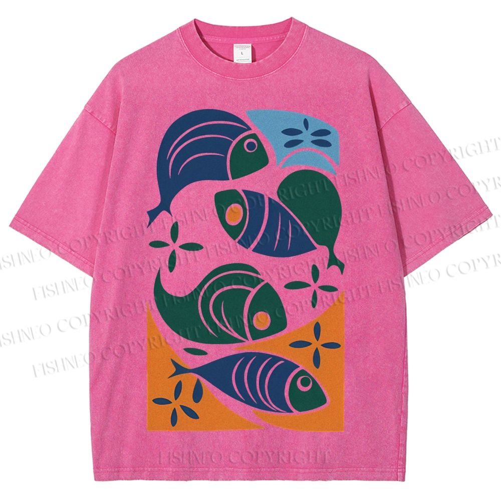 Unisex Vintage Fish Printed Washed Tee