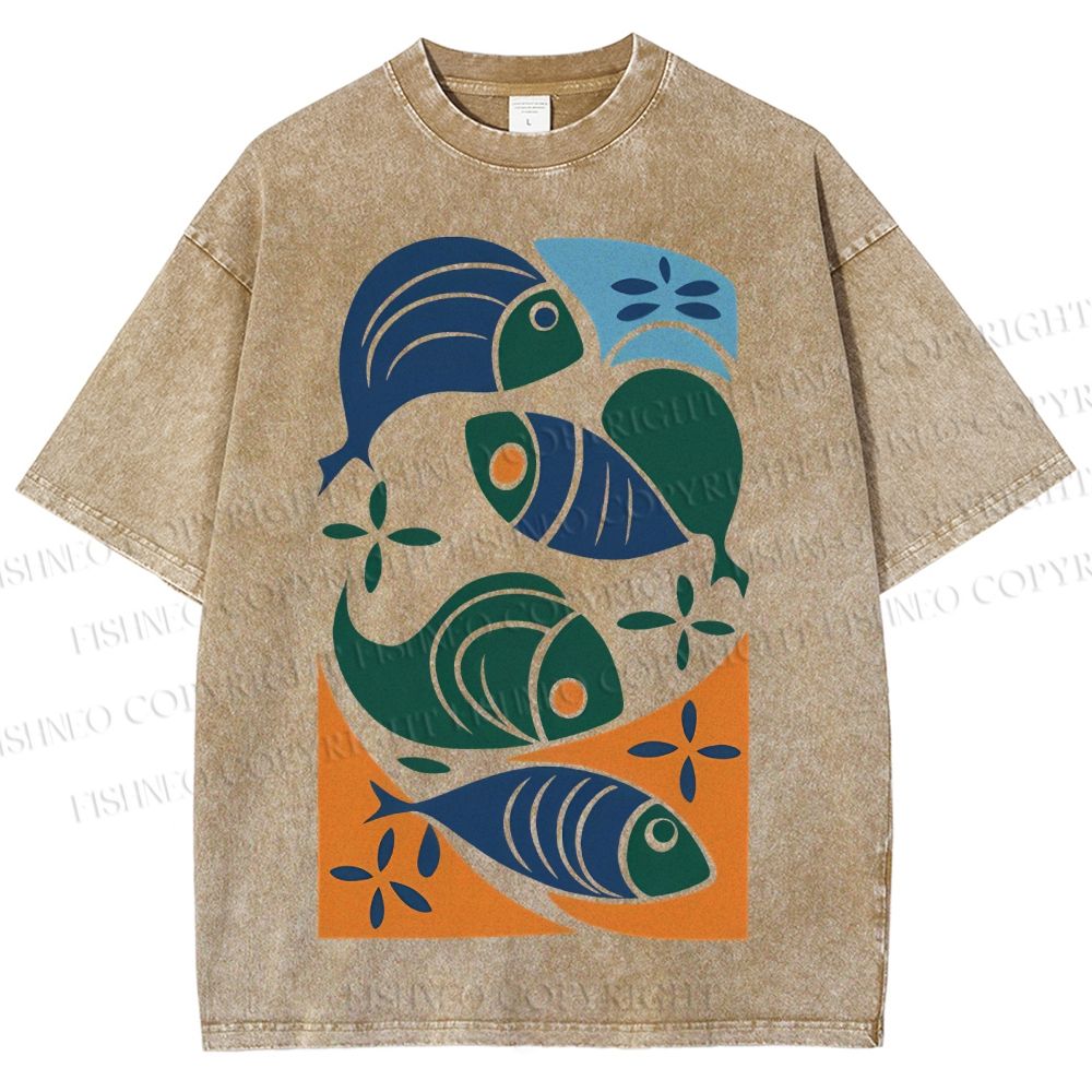 Unisex Vintage Fish Printed Washed Tee