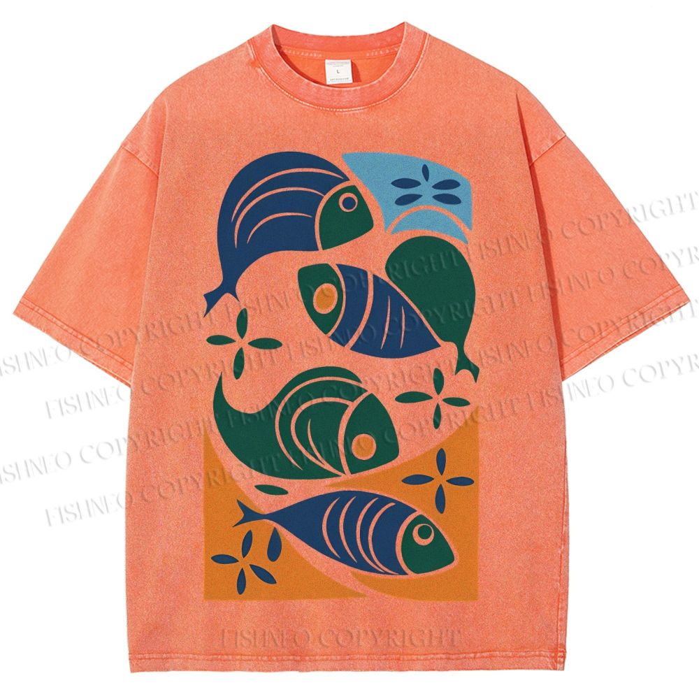 Unisex Vintage Fish Printed Washed Tee