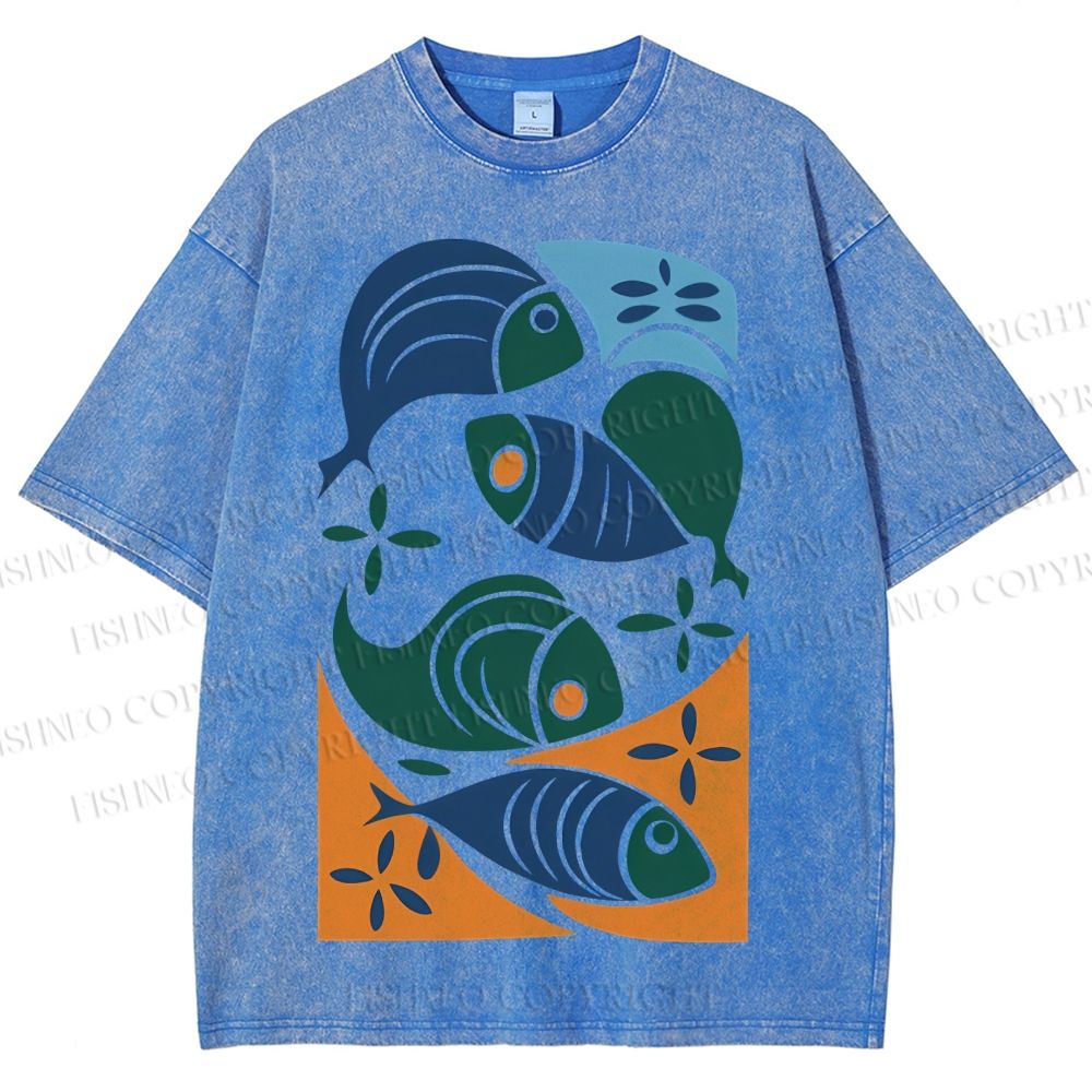 Unisex Vintage Fish Printed Washed Tee