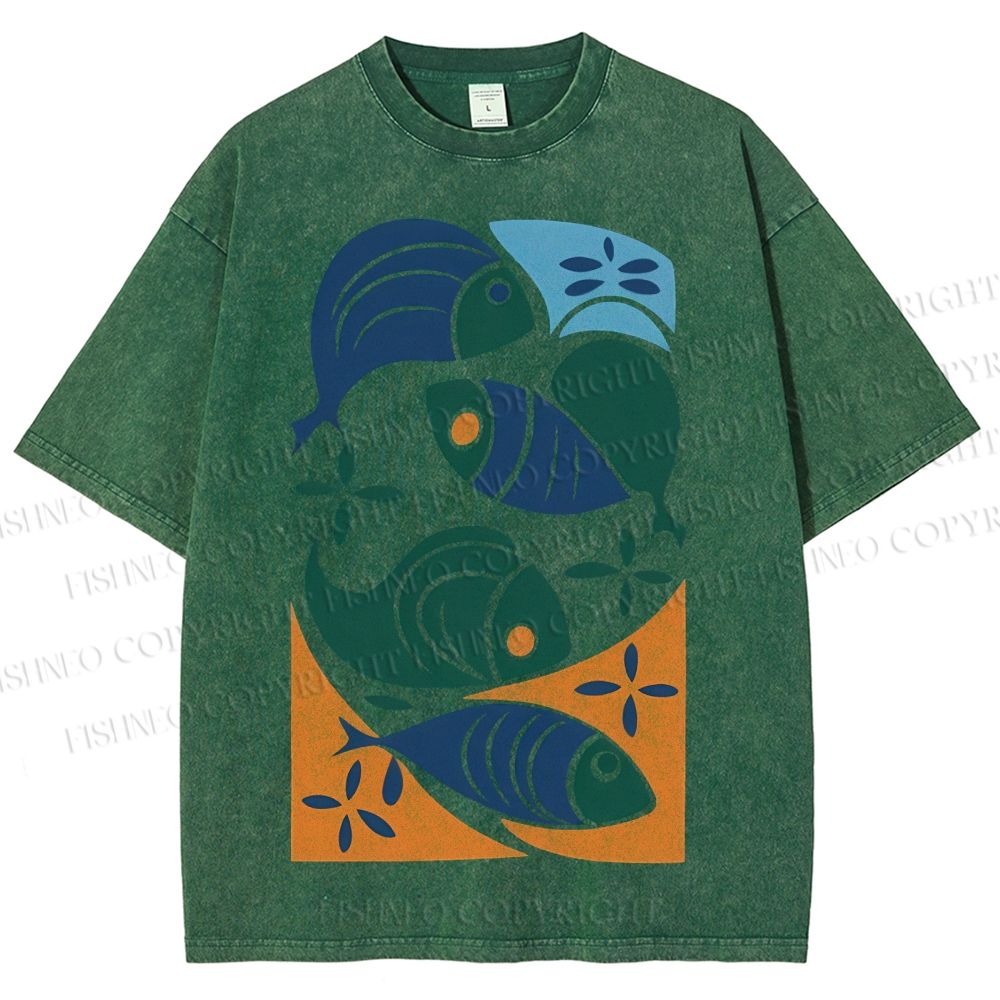 Unisex Vintage Fish Printed Washed Tee