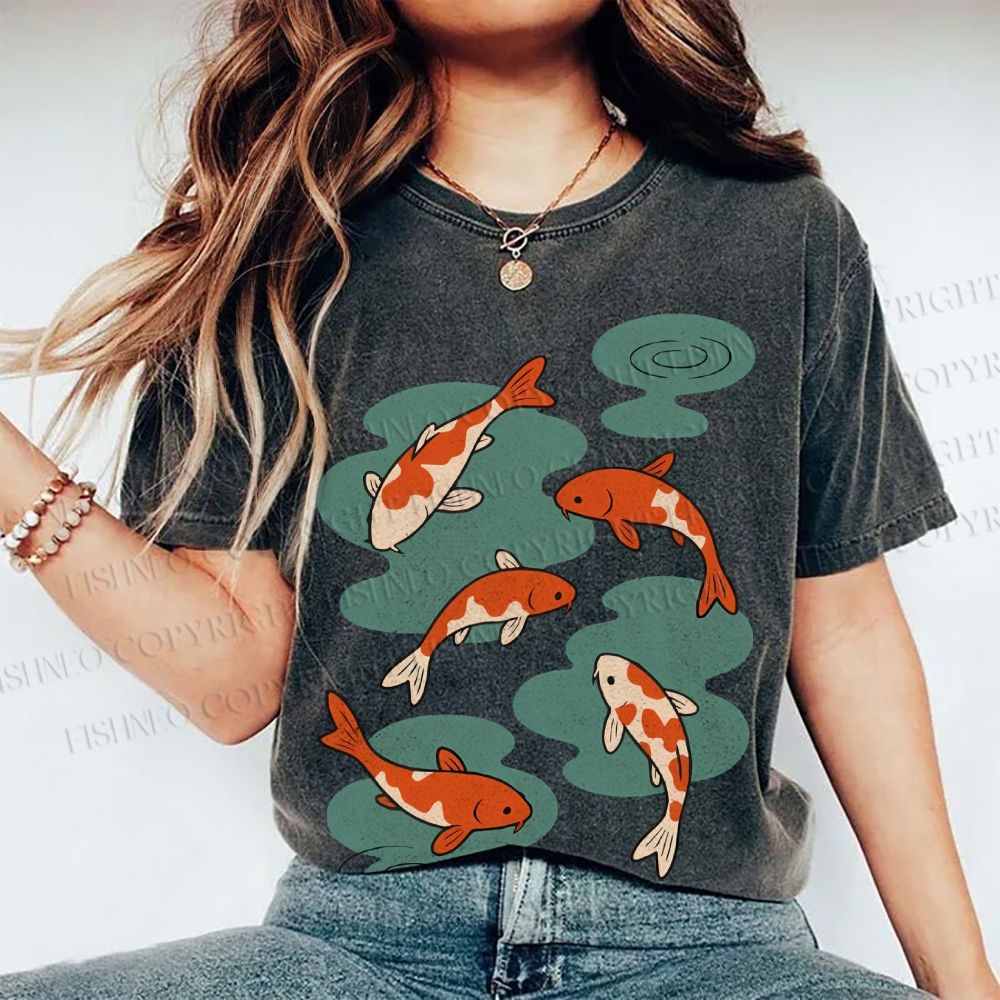 Unisex Vintage Koi Fish Printed Washed Tee