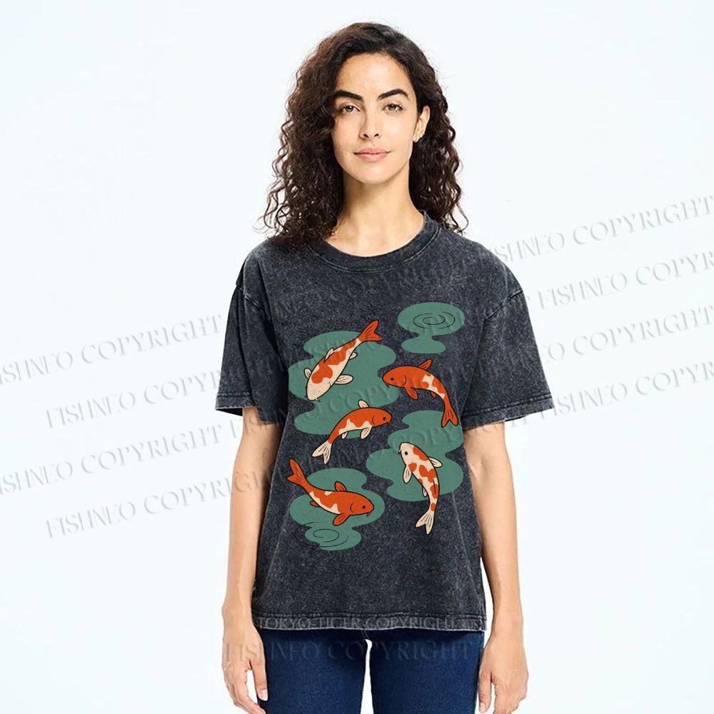 Unisex Vintage Koi Fish Printed Washed Tee