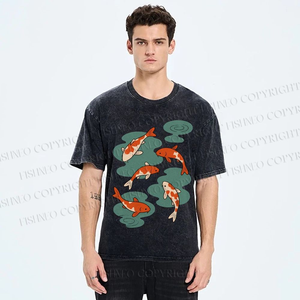 Unisex Vintage Koi Fish Printed Washed Tee