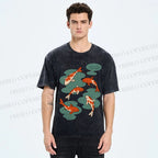 Unisex Vintage Koi Fish Printed Washed Tee