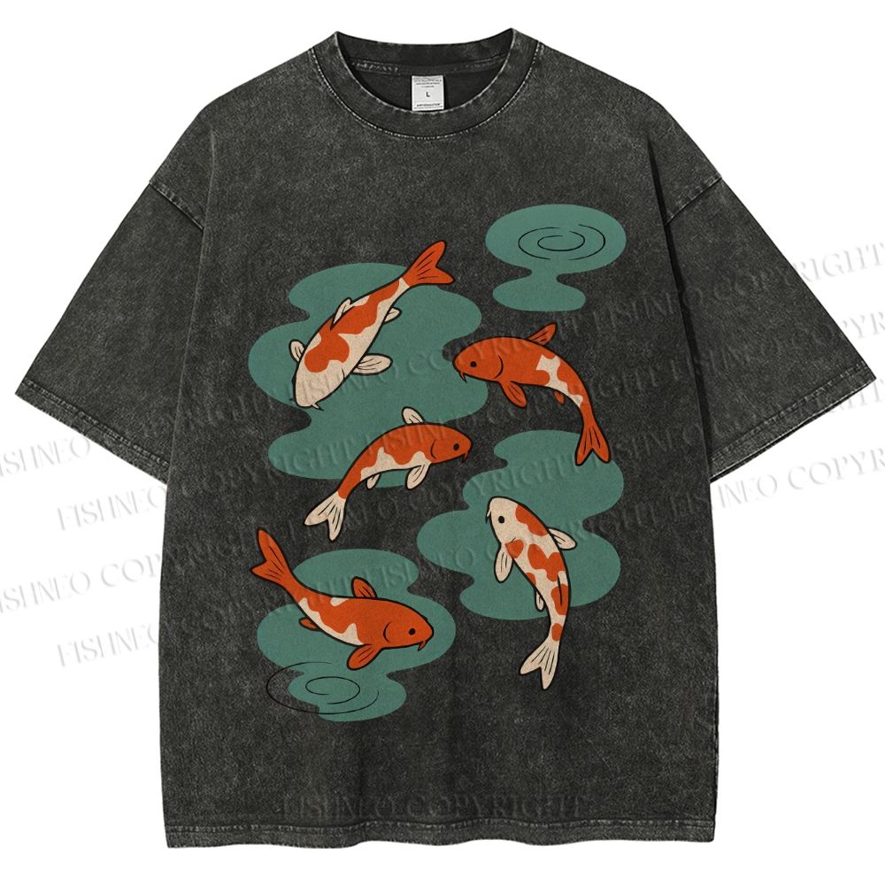 Unisex Vintage Koi Fish Printed Washed Tee